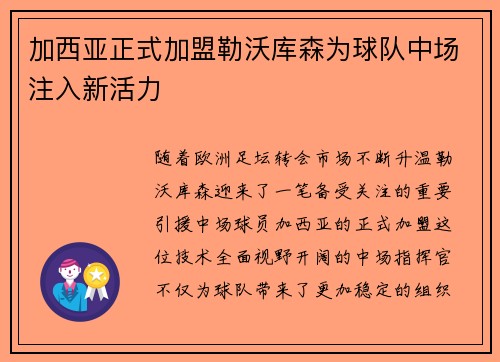 加西亚正式加盟勒沃库森为球队中场注入新活力