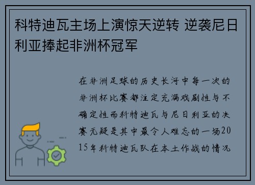 科特迪瓦主场上演惊天逆转 逆袭尼日利亚捧起非洲杯冠军 科特迪瓦主场上演惊天逆转 逆袭尼日利亚捧起非洲杯冠军